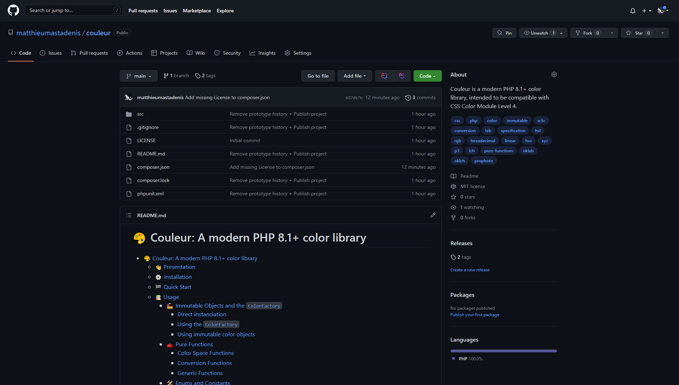 Page Github de la librairie matthieumastadenis/couleur
